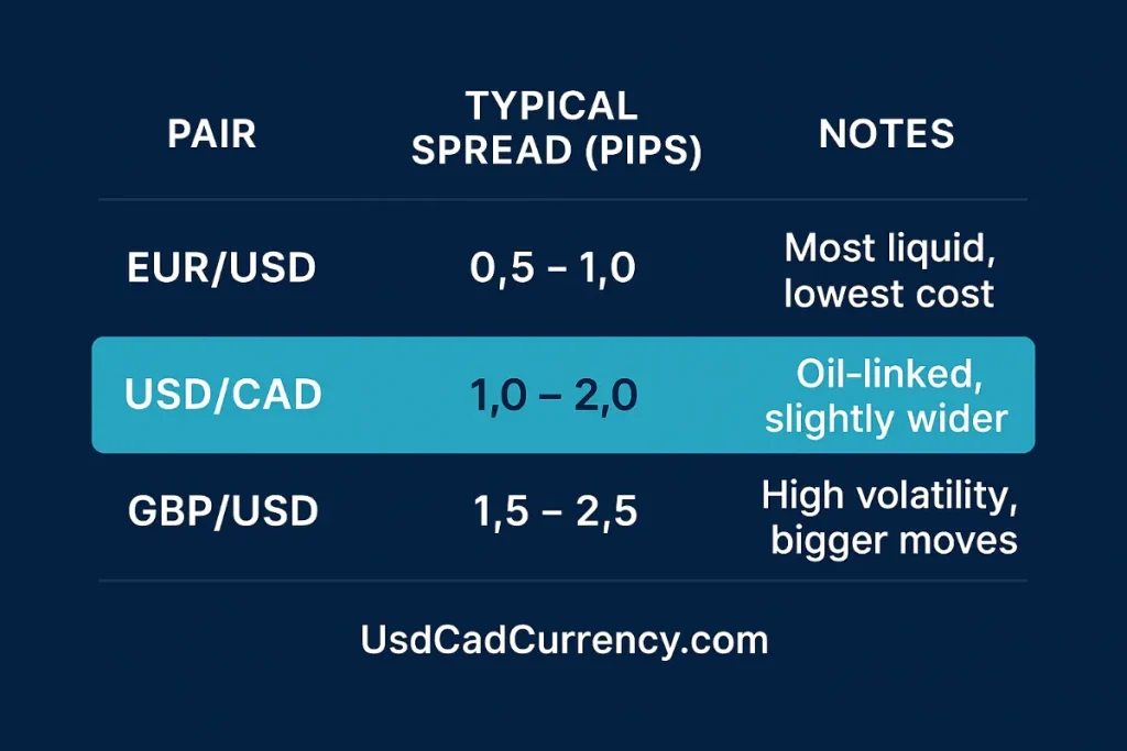 Forex USD/CAD Trading spread comparison with EUR/USD, GBP/USD, and USD/JPY